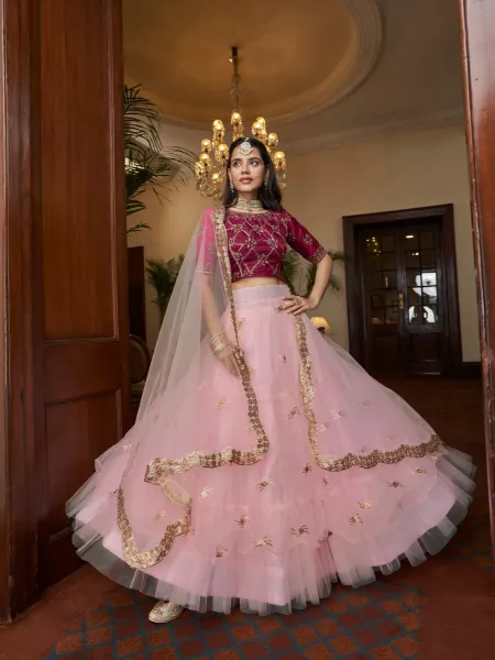 Light PinkNet Sequins Work Umbrella Flair Bridal Lehenga Choli for Wedding Lehenga