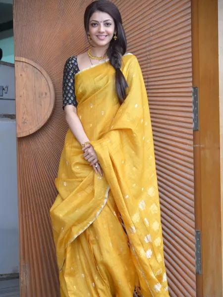 Haldi Saree in Linen Kajal Agarwal Bollywood Saree With Weaving Work