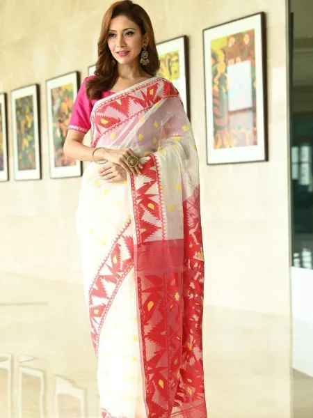 Onam Festival Saree in White Color Linen Fabric With Red Weaving Work