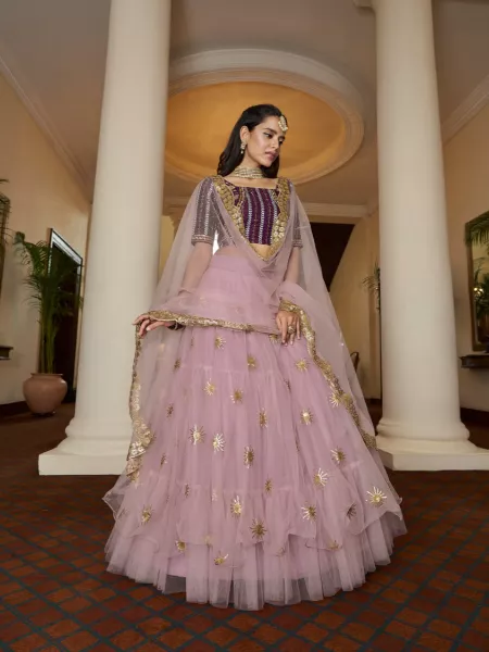 Light Purple Net Sequins Work Umbrella Flair Bridal Lehenga Choli for Wedding Lehenga