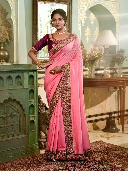 Baby Pink Color Women Saree in Vichitra Silk With Heavy Embroidery Lace Border and Blouse
