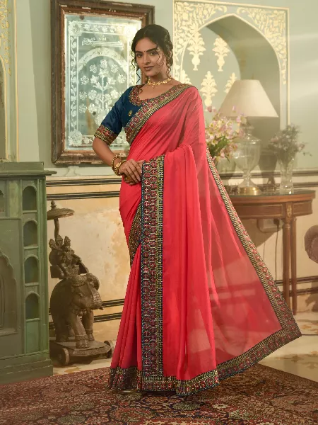 Gajari Color Women Saree in Vichitra Silk With Heavy Embroidery Lace Border and Blouse