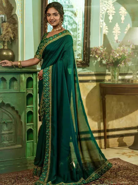 Green Color Women Saree in Vichitra Silk With Heavy Embroidery Lace Border and Blouse