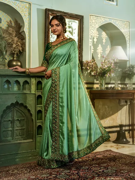 Pista Color Women Saree in Vichitra Silk With Heavy Embroidery Lace Border and Blouse