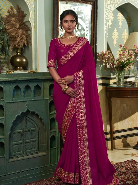 Wine Color Women Saree in Vichitra Silk With Heavy Embroidery Lace Border and Blouse