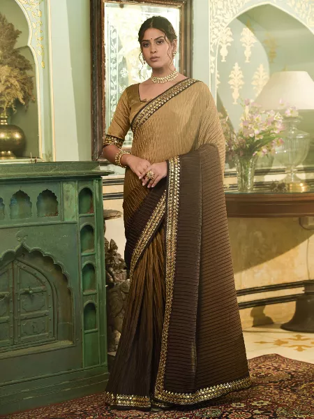 Coffee Color Women Saree in Chinon With Heavy Embroidery Lace Border and Blouse