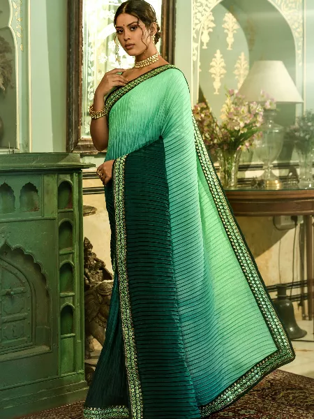 Green Color Women Saree in Chinon With Heavy Embroidery Lace Border and Blouse
