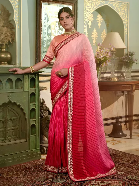 Pink Color Women Saree in Chinon With Heavy Embroidery Lace Border and Blouse