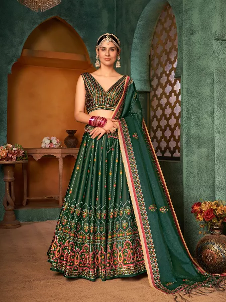 Green Color Rera Silk Lehenga Choli With Digital Print and Designer Dupatta