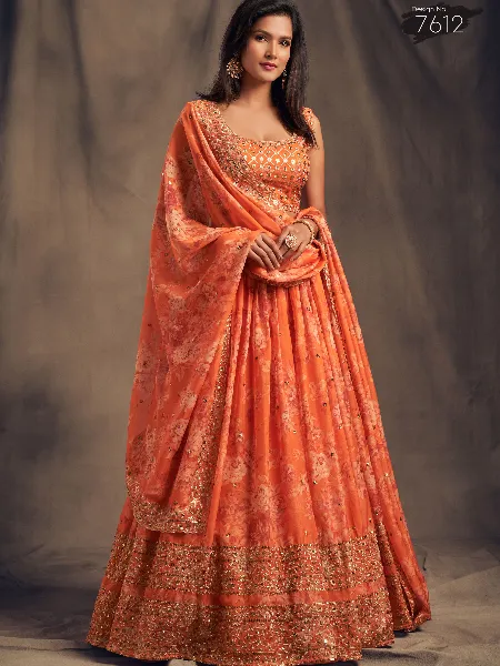 Beautiful Orange Zari Embroidery Organza Occasional Wear Lehenga Choli