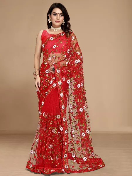 Red Color Soft Net Floral Embroidered Saree With Work Border and Blouse