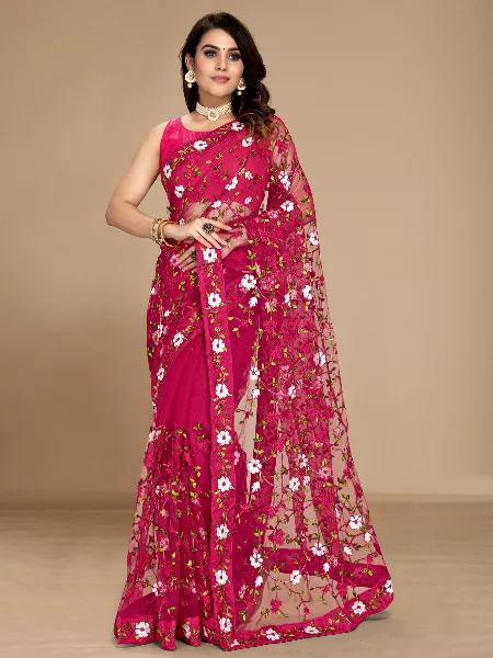 Pink Color Soft Net Floral Embroidered Saree With Work Border and Blouse