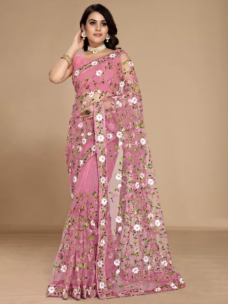 Light Pink Color Soft Net Floral Embroidered Saree With Work Border and Blouse