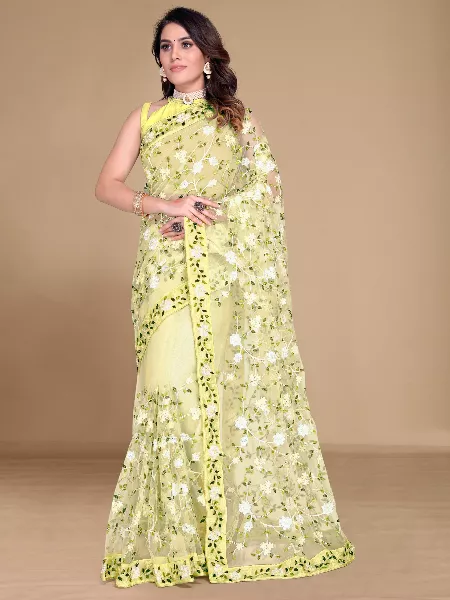 Yellow Color Soft Net Floral Embroidered Saree With Work Border and Blouse
