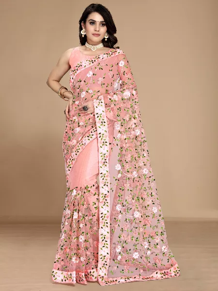 Peach Color Soft Net Floral Embroidered Saree With Work Border and Blouse