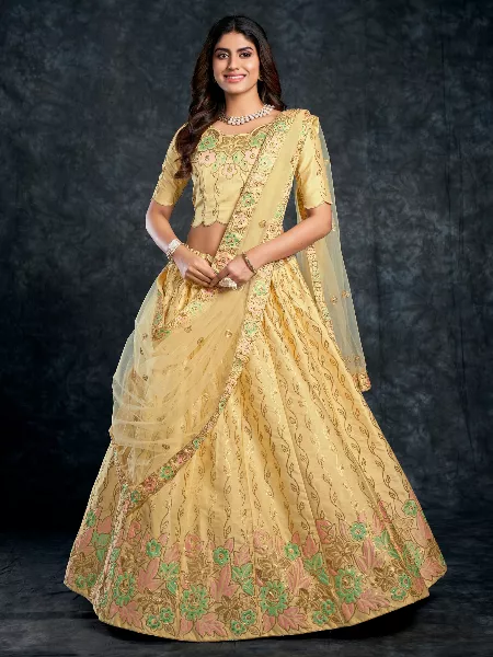 Light Yellow Color Bridal Lehenga Choli for Wedding in Italian Silk With Heavy Work