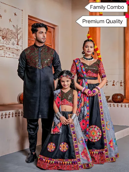 Navaratri Family Combo in Cotton With Kutchi Mirror Patch Work Ready to Wear Family Combo