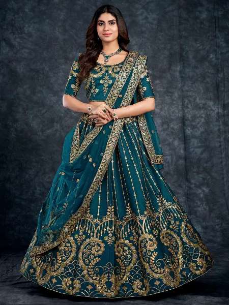 Navy Blue Color Bridal Lehenga Choli for Wedding in Italian Silk With Heavy Work