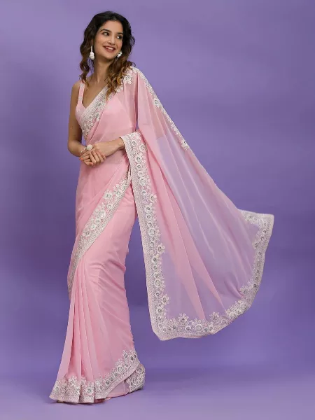 Light Pink Saree in Georgette With Sequence Embroidery Work Indian Sari