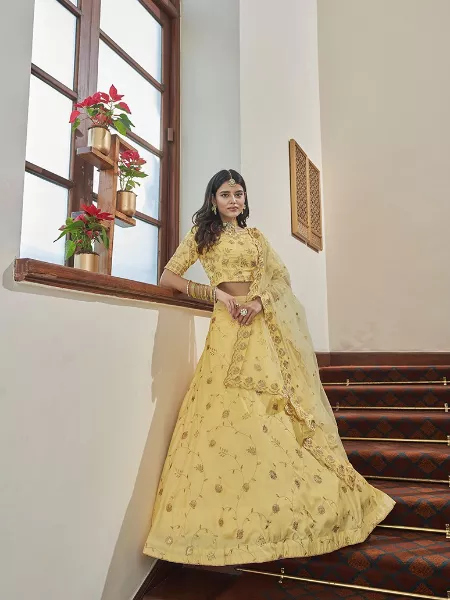 Light Yellow Embroidered Art Silk Bridal Lehenga Choli for Wedding