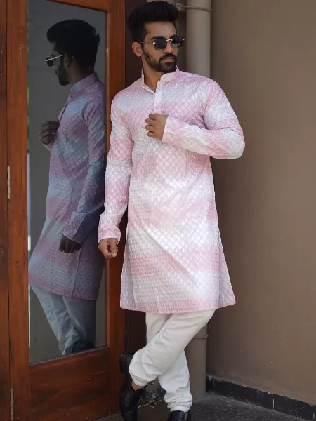 Light Pink Men's Traditional Kurta Pajama Set in Cotton With Embroidery Work