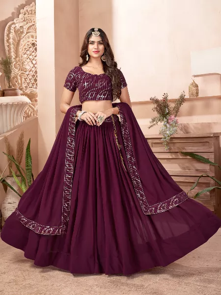 Wine Color Party Wear Lehenga Choli With Sequence Embroidery Work