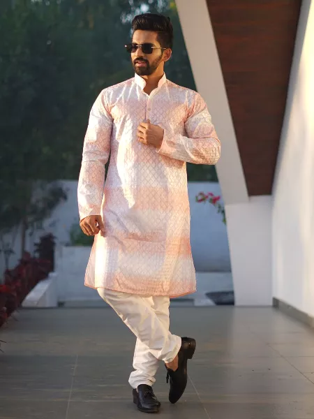 Peach Men's Traditional Kurta Pajama Set in Cotton With Embroidery Work