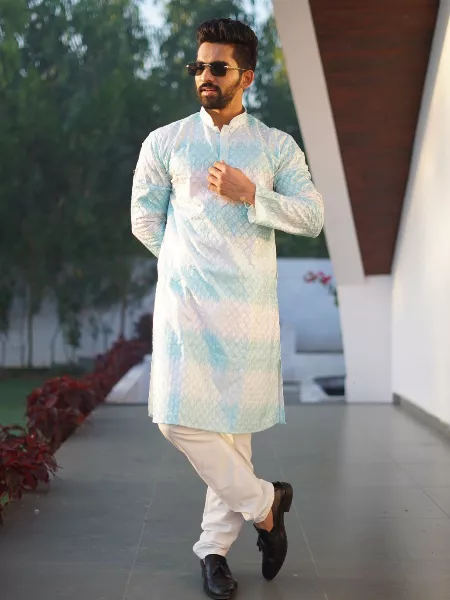 Sky Blue Men's Traditional Kurta Pajama Set in Cotton With Embroidery Work