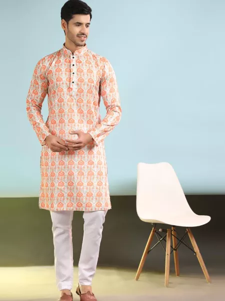 Men's Kurta With Pajama in Cotton With Digital Print and Pocket in Peach