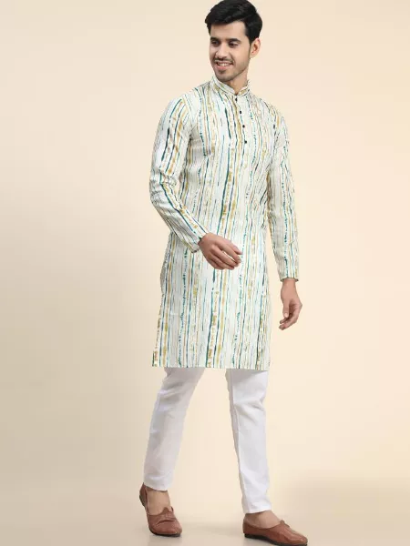 Men's Kurta With Pajama in Cotton With Digital Print and Pocket in White