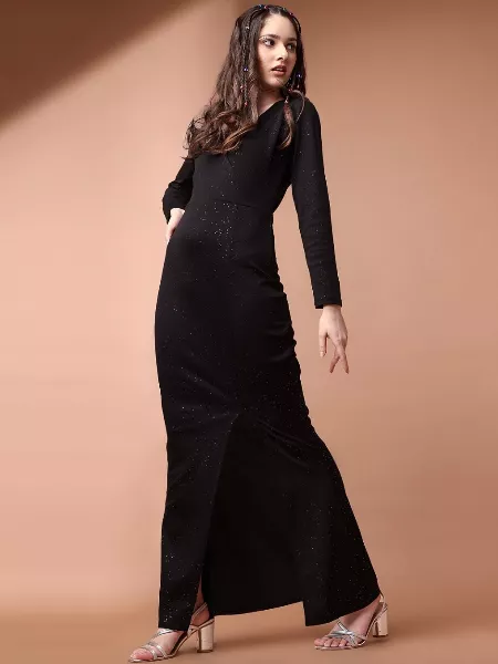 Black Color V-Neck Slit Bodycon Dress in Lycra With Sparkle Print