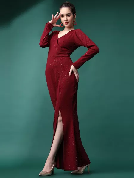 Maroon Color V-Neck Slit Bodycon Dress in Lycra With Sparkle Print
