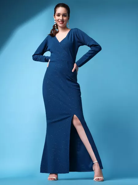 Blue Color V-Neck Slit Bodycon Dress in Lycra With Sparkle Print