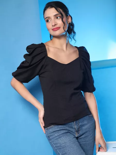 Black Color Western Top in Lycra With Fancy Sleeves for Office and Daily Wear