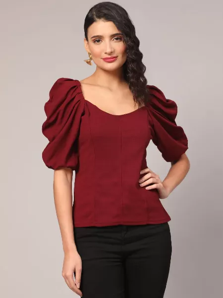 Maroon Color Western Top in Lycra With Fancy Sleeves for Office and Daily Wear