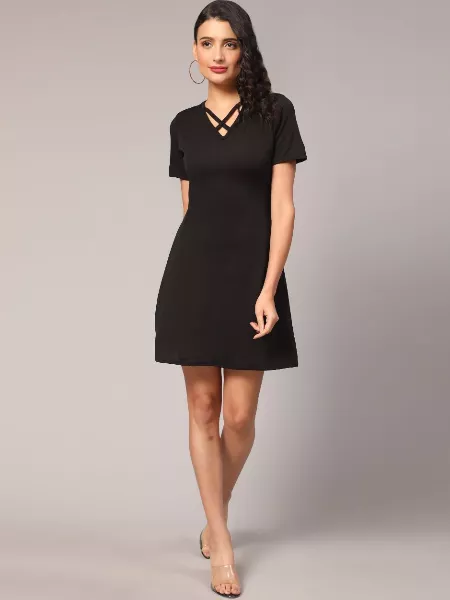 Black Color Western Dress in Lycra With Fancy Neck and Short Sleeve