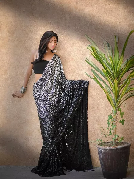 Black Color Sequence Saree in Georgette for Reception or Party and Events