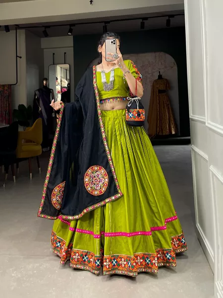 Navaratri Chaniya Choli With Gamthi and Mirror Work in Parrot with Purse 8 Meter Flair in Ready to Wear