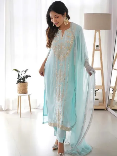 Sky Blue Georgette Embroidered With Real Foil Work Top, Pant and Dupatta