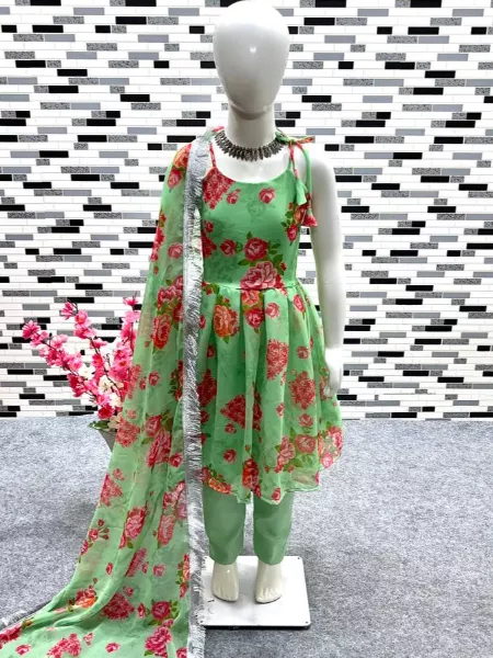 Pista Color Kids Dress With Bottom and Dupatta in Georgette With Digital Print