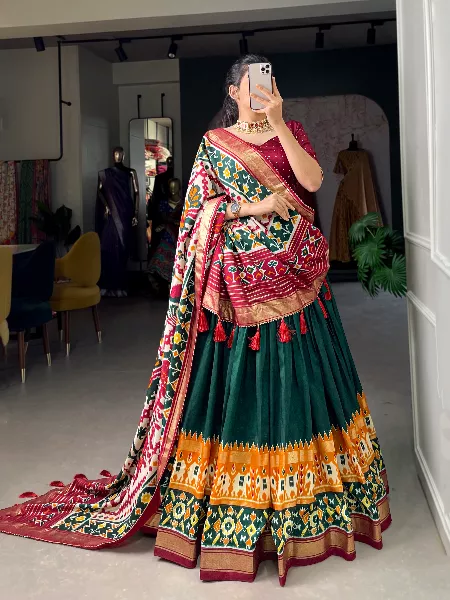 Green Indian Wedding Lehenga Choli in Tussar Silk With Patola Dupatta