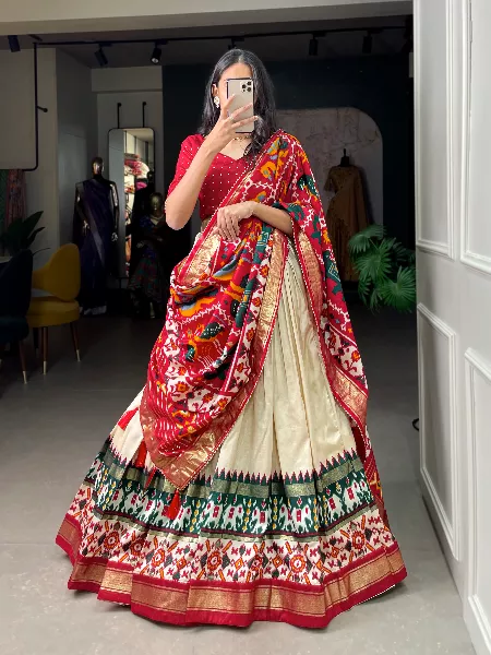 White Indian Wedding Lehenga Choli in Tussar Silk With Patola Dupatta
