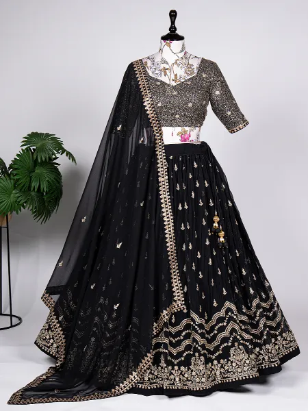 Black Color Lehenga Choli in Georgette With Sequence and Thread Embroidery