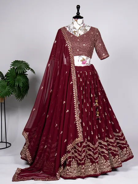 Maroon Color Lehenga Choli in Georgette With Sequence and Thread Embroidery