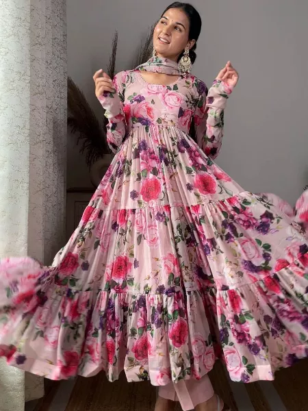 Pink Color Georgette Anarkali Gown With Digital Print and 9 Meter Big Flair