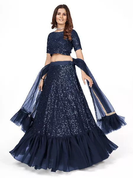 Navy Blue Lehenga Choli in Georgette With Sequence Work and Dupatta