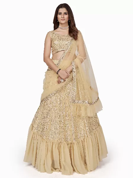Cream Lehenga Choli in Georgette With Sequence Work and Dupatta