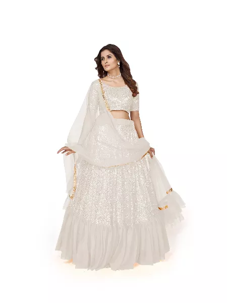 White Lehenga Choli in Georgette With Sequence Work and Dupatta