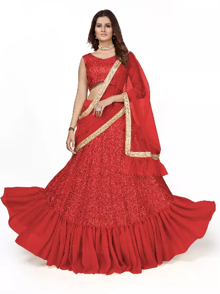 Red Lehenga Choli in Georgette With Sequence Work and Dupatta