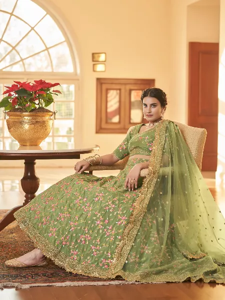 Mehendi Color Indian Wedding Lehenga Choli With Beautiful Embroidery Bridal Lehenga Choli